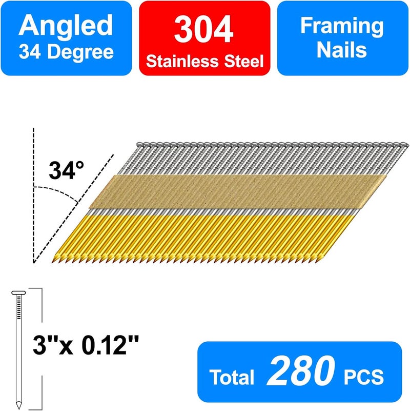 SimCos 34-30 Degree Framing Nails 304 Stainless Steel D Head Paper Tape Strip Nails for 30 to 34 degree Framing Nailer (3"-280 PCS) - Image 3